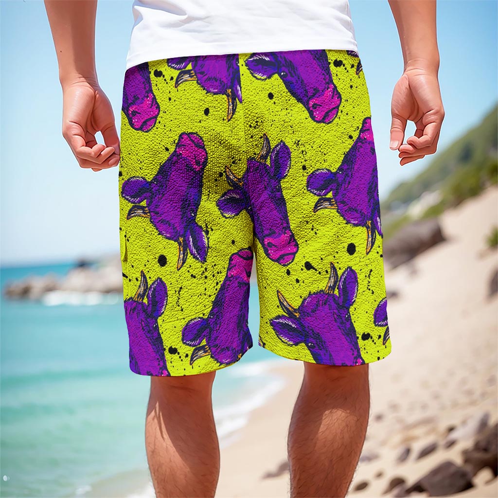 Lime Green And Purple Cow Pattern Print Men's Cargo Shorts