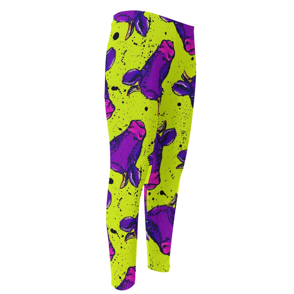 Lime Green And Purple Cow Pattern Print Men's Compression Pants