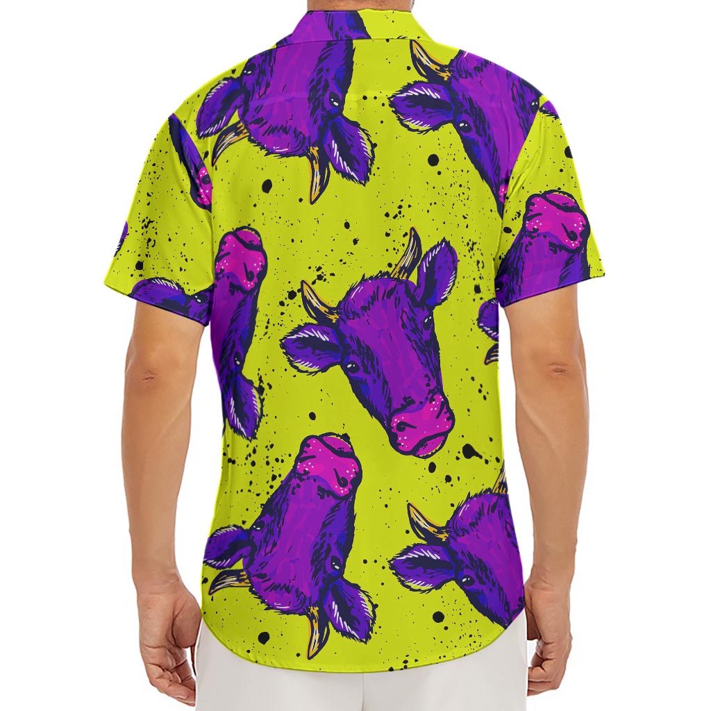 Lime Green And Purple Cow Pattern Print Men's Deep V-Neck Shirt