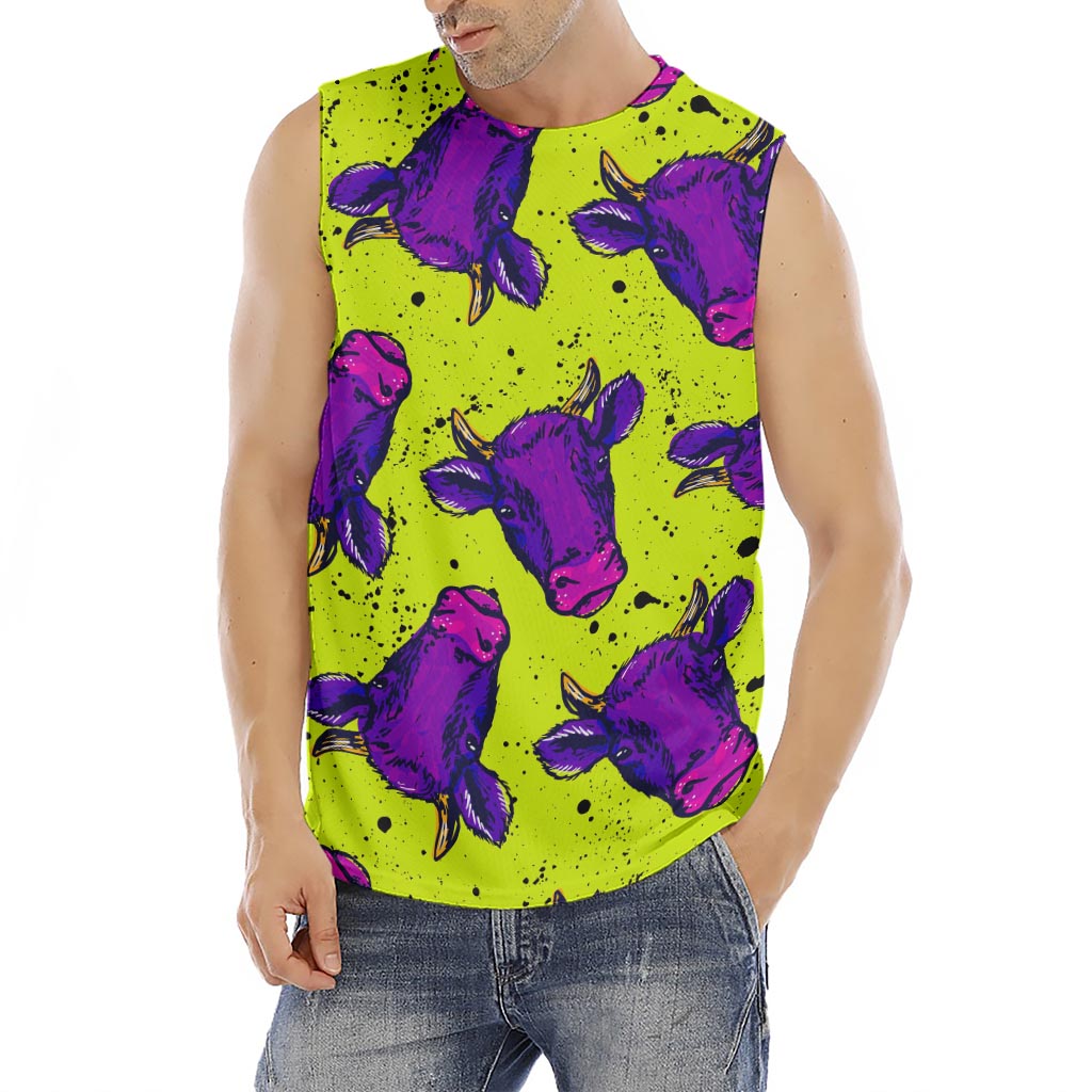 Lime Green And Purple Cow Pattern Print Men's Fitness Tank Top