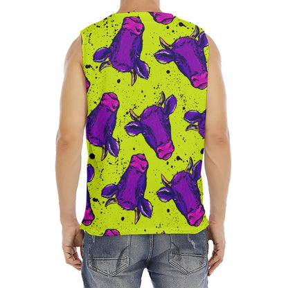 Lime Green And Purple Cow Pattern Print Men's Fitness Tank Top