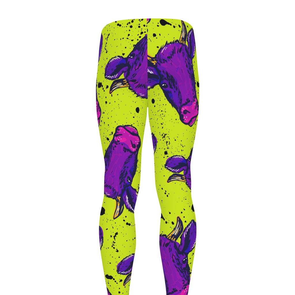 Lime Green And Purple Cow Pattern Print Men's leggings