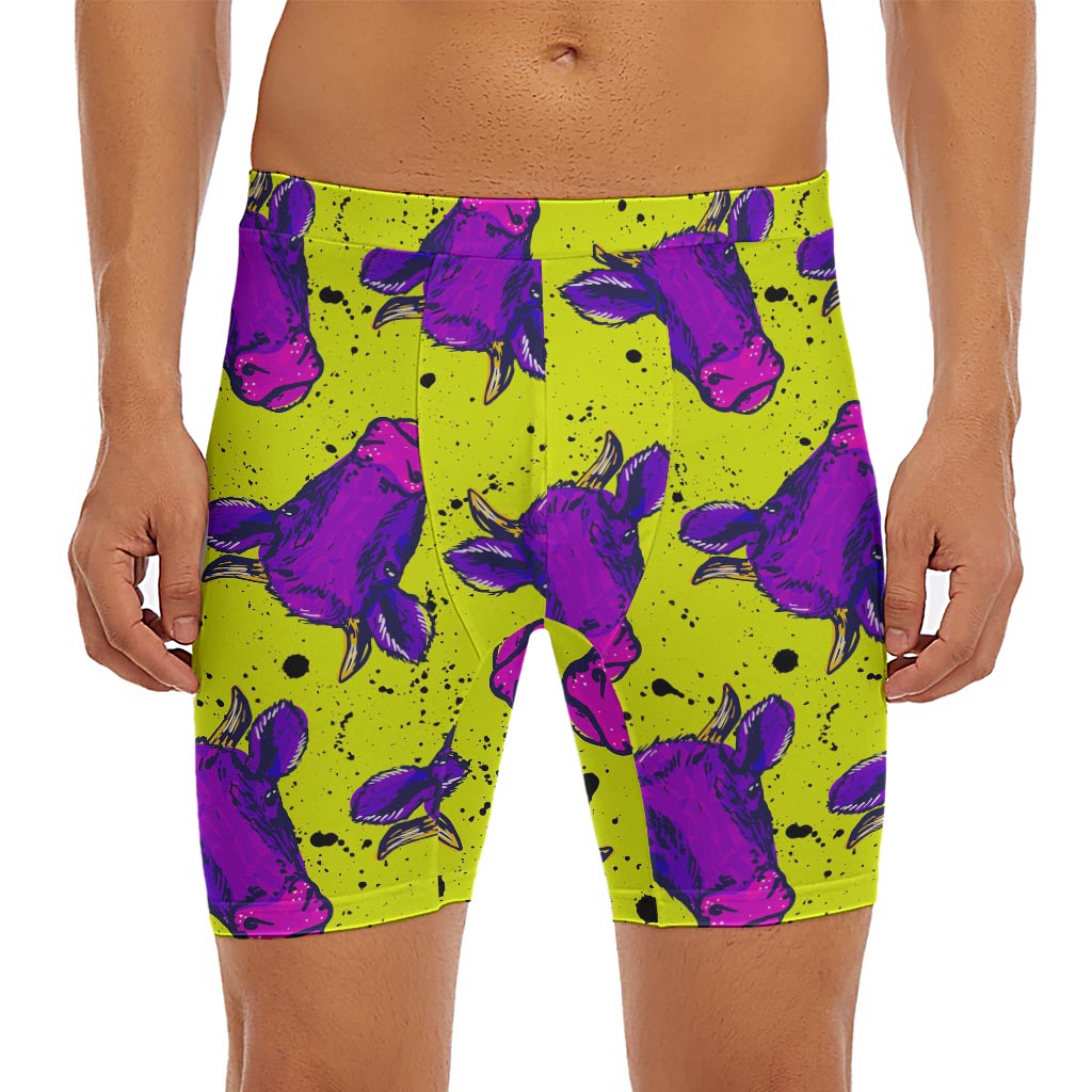 Lime Green And Purple Cow Pattern Print Men's Long Boxer Briefs