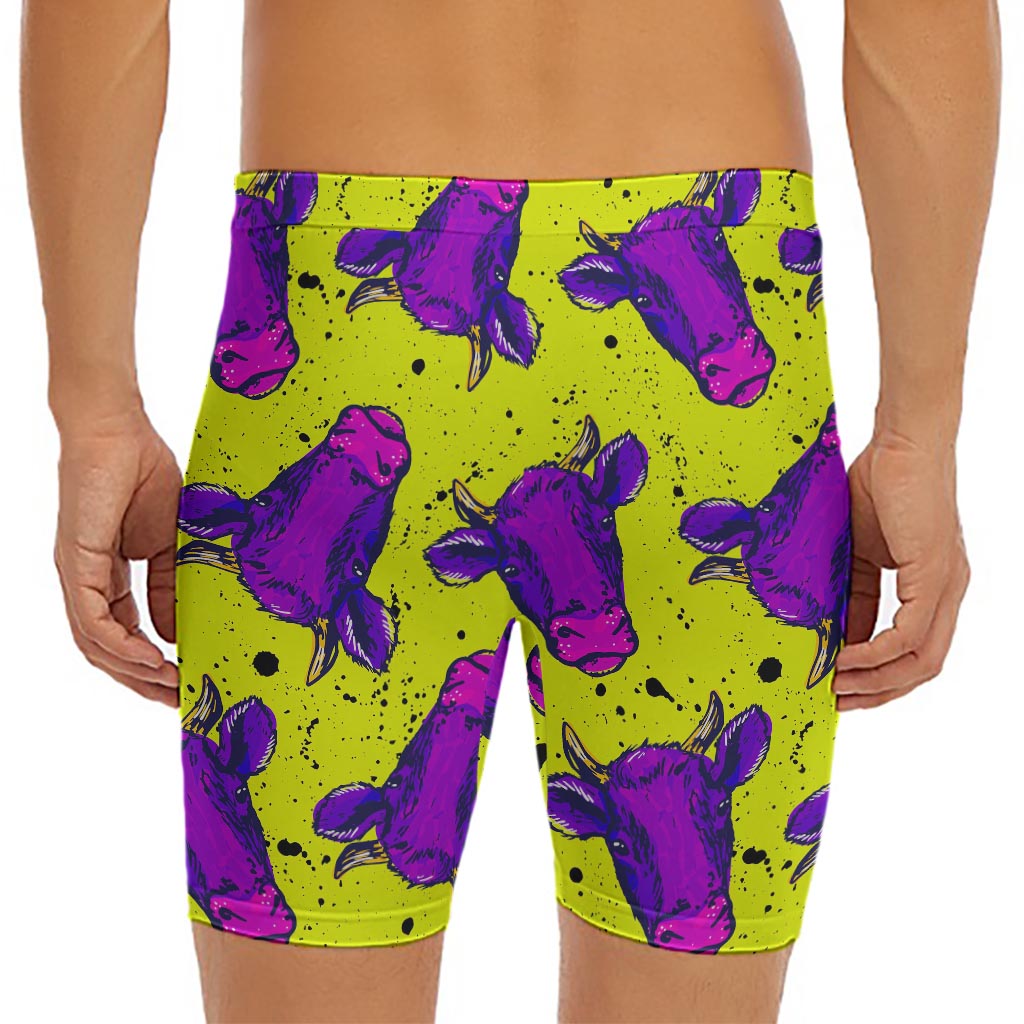 Lime Green And Purple Cow Pattern Print Men's Long Boxer Briefs