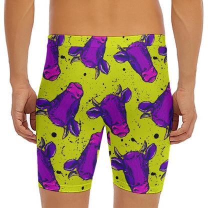 Lime Green And Purple Cow Pattern Print Men's Long Boxer Briefs