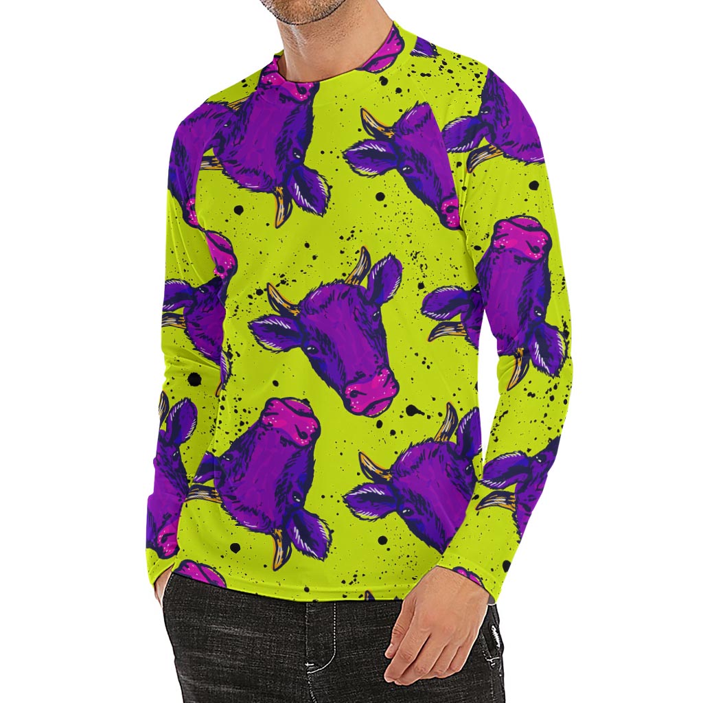 Lime Green And Purple Cow Pattern Print Men's Long Sleeve Rash Guard