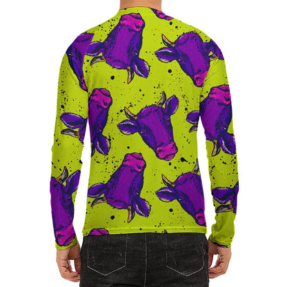 Lime Green And Purple Cow Pattern Print Men's Long Sleeve Rash Guard