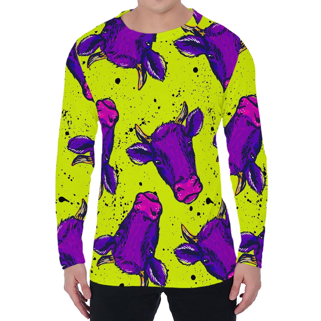 Lime Green And Purple Cow Pattern Print Men's Long Sleeve T-Shirt