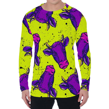 Lime Green And Purple Cow Pattern Print Men's Long Sleeve T-Shirt