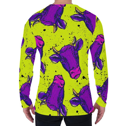 Lime Green And Purple Cow Pattern Print Men's Long Sleeve T-Shirt