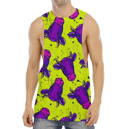 Lime Green And Purple Cow Pattern Print Men's Muscle Tank Top