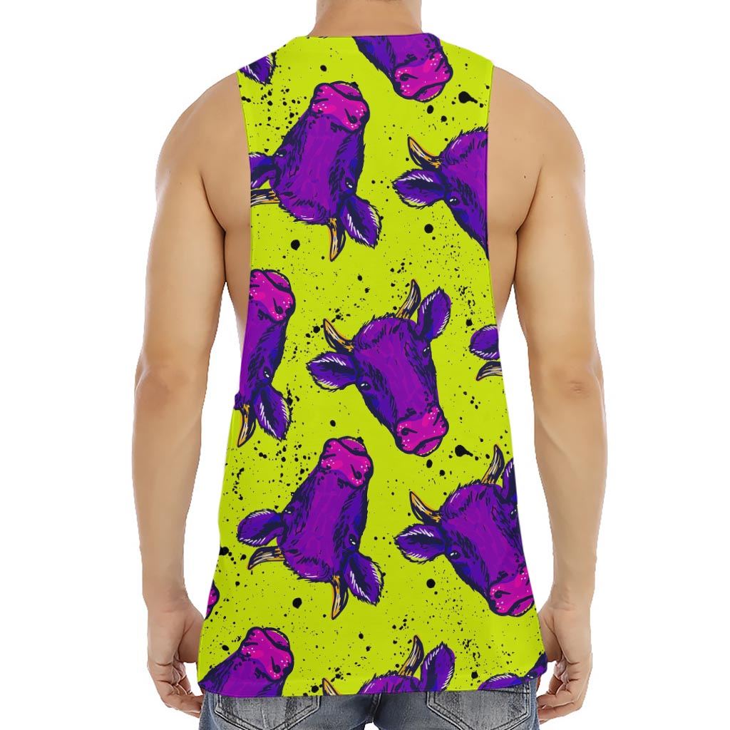 Lime Green And Purple Cow Pattern Print Men's Muscle Tank Top