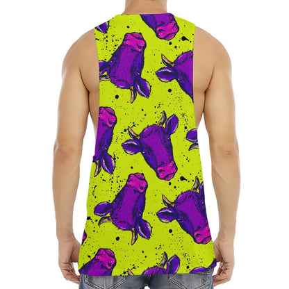 Lime Green And Purple Cow Pattern Print Men's Muscle Tank Top