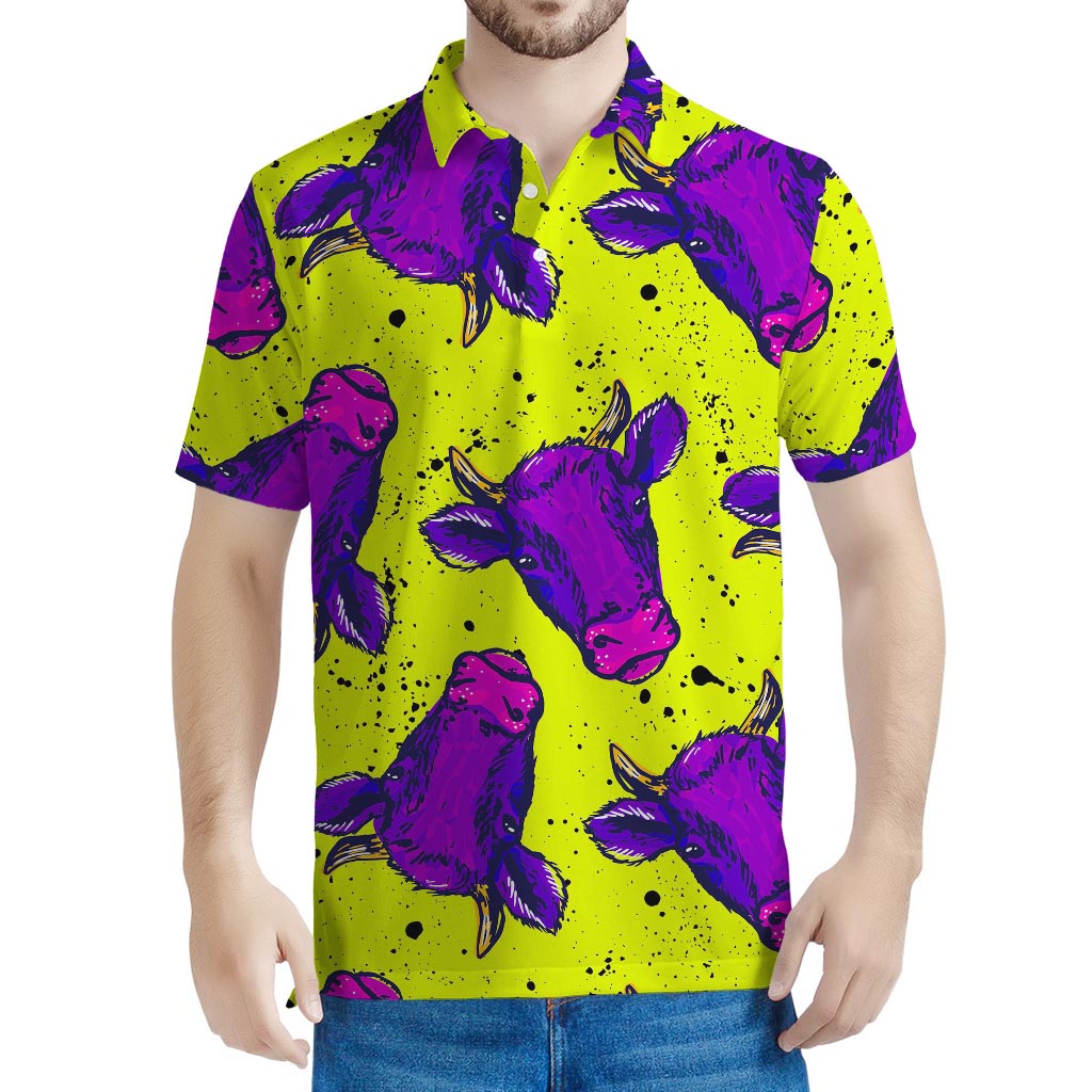 Lime Green And Purple Cow Pattern Print Men's Polo Shirt