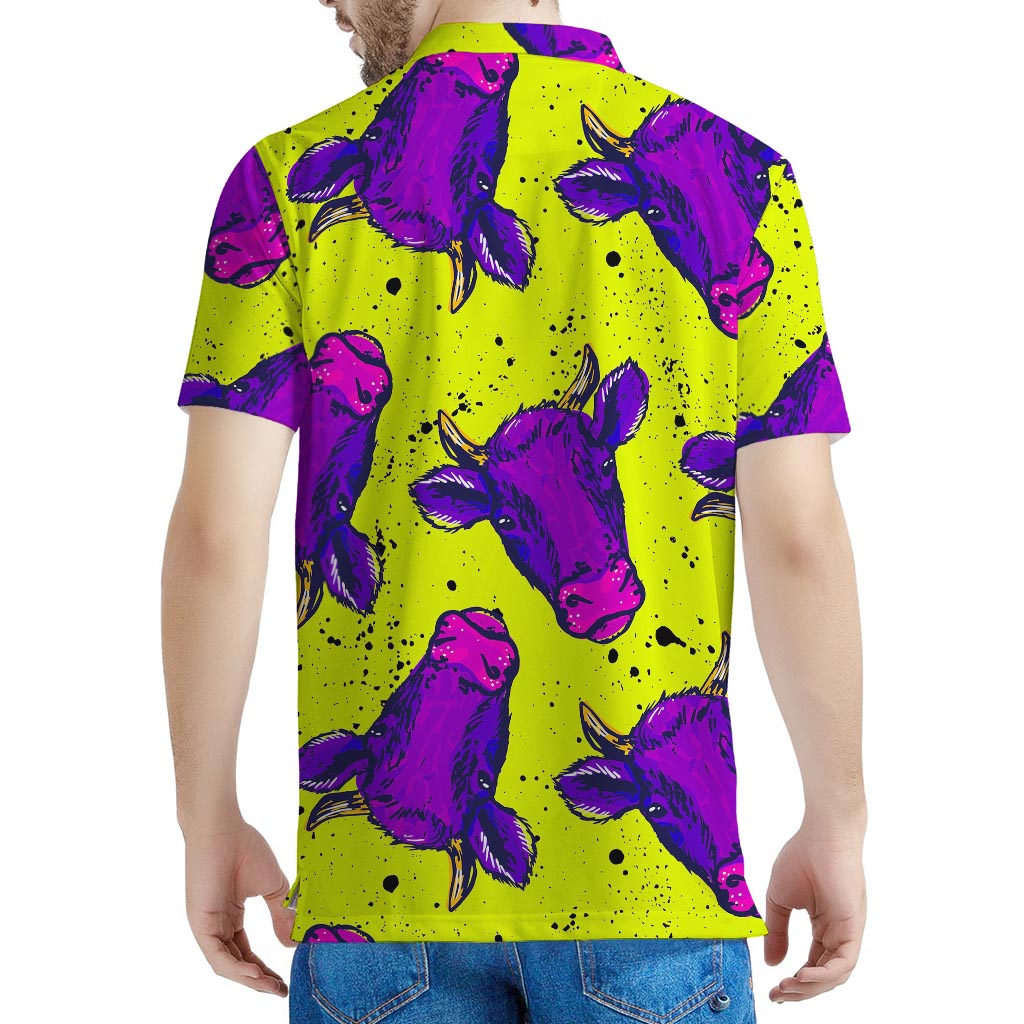 Lime Green And Purple Cow Pattern Print Men's Polo Shirt