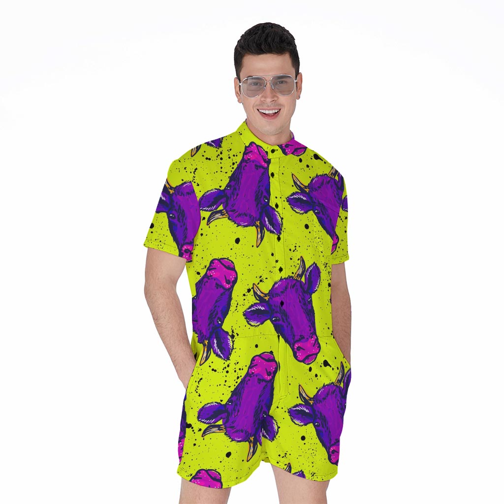 Lime Green And Purple Cow Pattern Print Men's Rompers