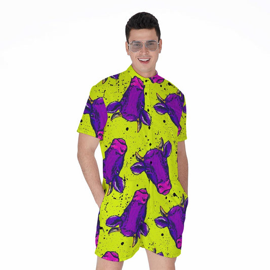 Lime Green And Purple Cow Pattern Print Men's Rompers