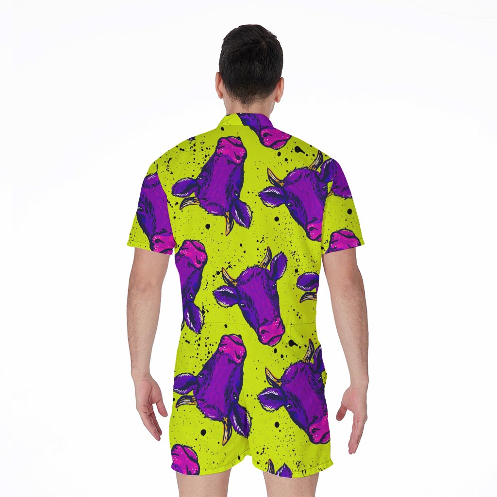 Lime Green And Purple Cow Pattern Print Men's Rompers