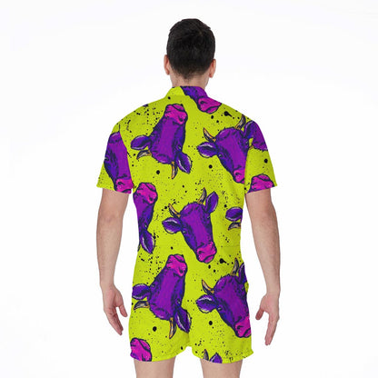 Lime Green And Purple Cow Pattern Print Men's Rompers
