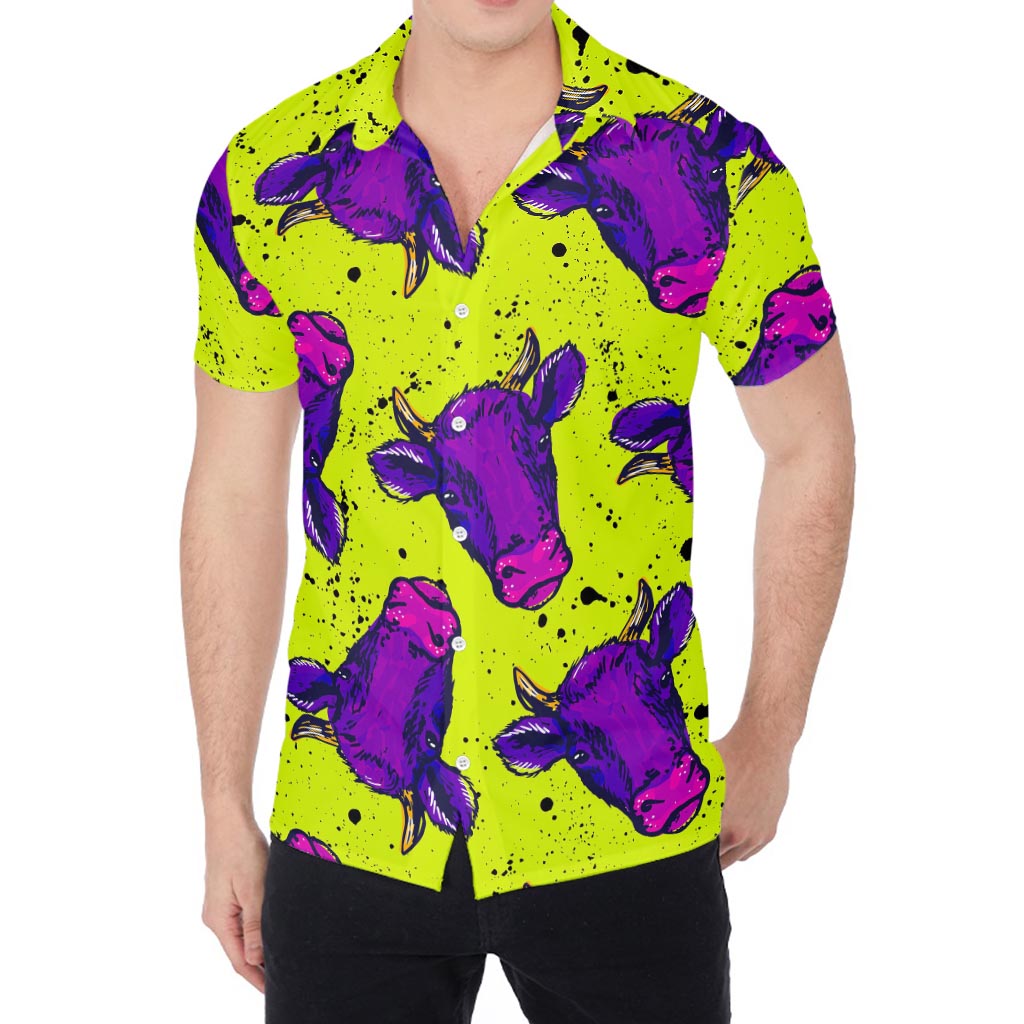 Lime Green And Purple Cow Pattern Print Men's Shirt
