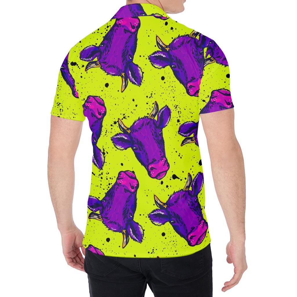 Lime Green And Purple Cow Pattern Print Men's Shirt