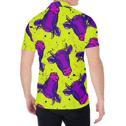Lime Green And Purple Cow Pattern Print Men's Shirt