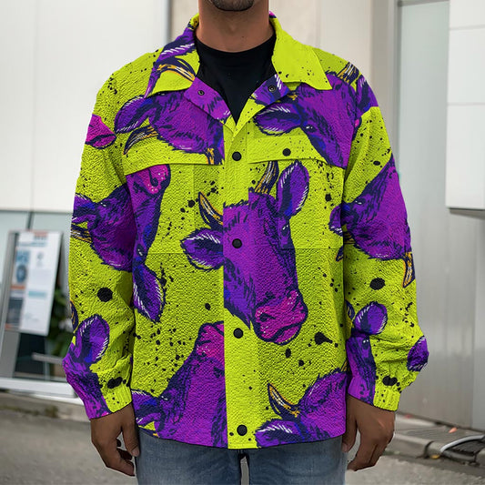 Lime Green And Purple Cow Pattern Print Men's Shirt Jacket