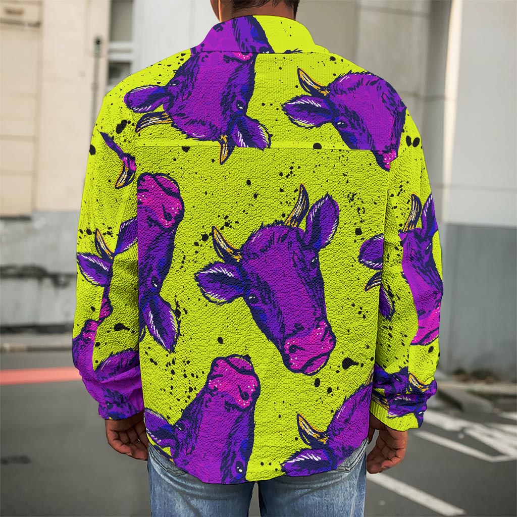 Lime Green And Purple Cow Pattern Print Men's Shirt Jacket