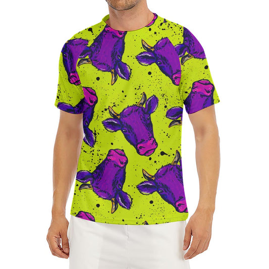 Lime Green And Purple Cow Pattern Print Men's Short Sleeve Rash Guard