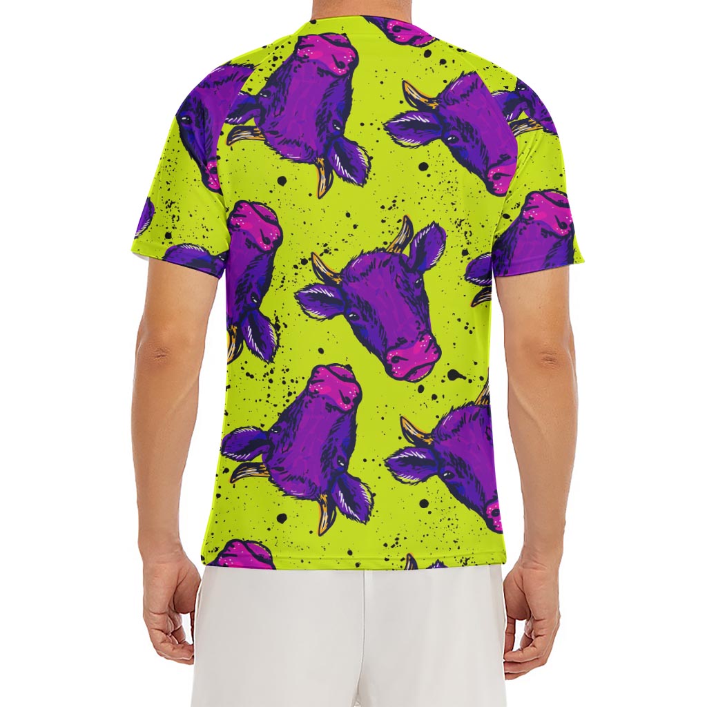 Lime Green And Purple Cow Pattern Print Men's Short Sleeve Rash Guard