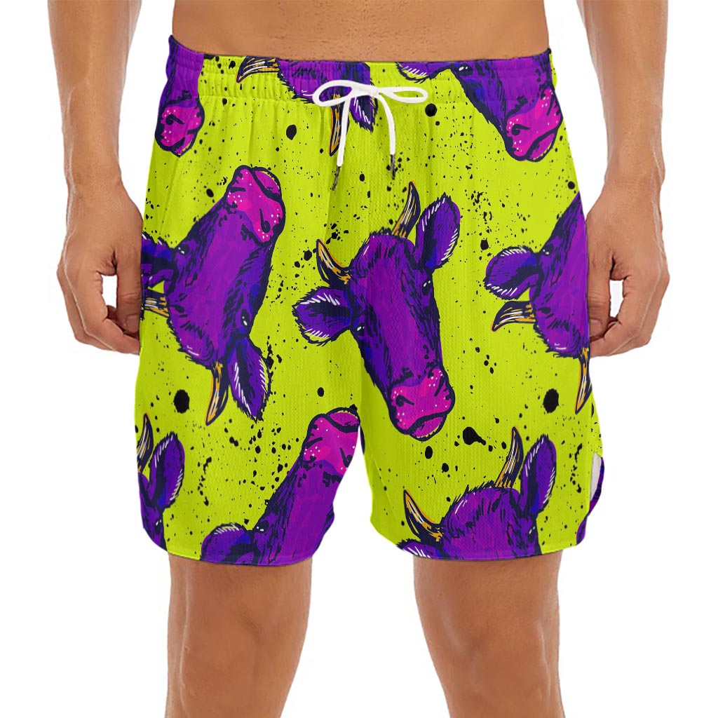 Lime Green And Purple Cow Pattern Print Men's Split Running Shorts