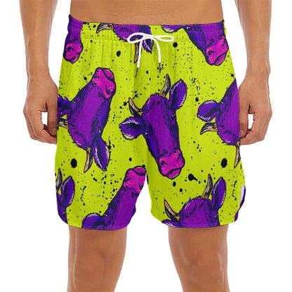 Lime Green And Purple Cow Pattern Print Men's Split Running Shorts