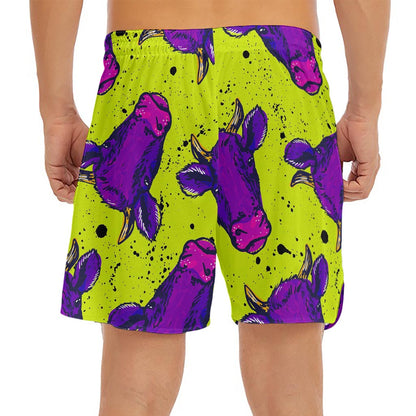 Lime Green And Purple Cow Pattern Print Men's Split Running Shorts