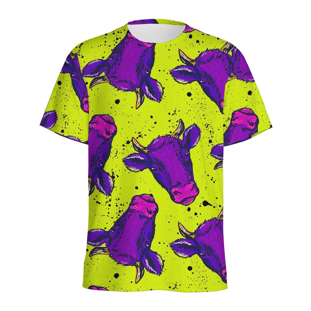 Lime Green And Purple Cow Pattern Print Men's Sports T-Shirt