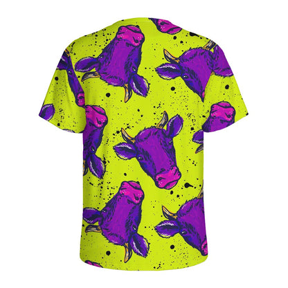 Lime Green And Purple Cow Pattern Print Men's Sports T-Shirt