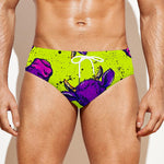 Lime Green And Purple Cow Pattern Print Men's Swim Briefs