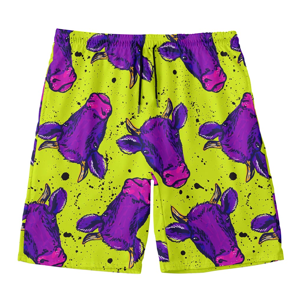 Lime Green And Purple Cow Pattern Print Men's Swim Trunks