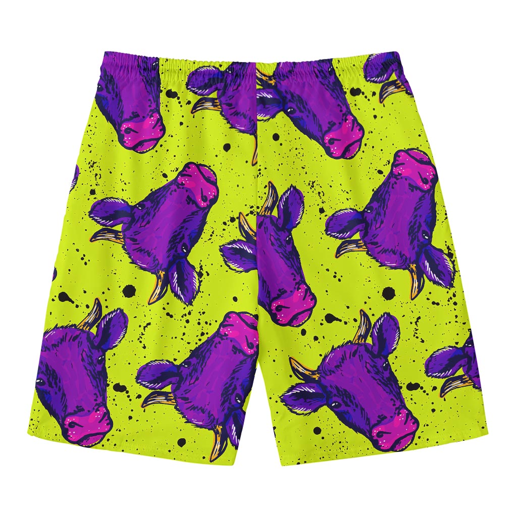 Lime Green And Purple Cow Pattern Print Men's Swim Trunks