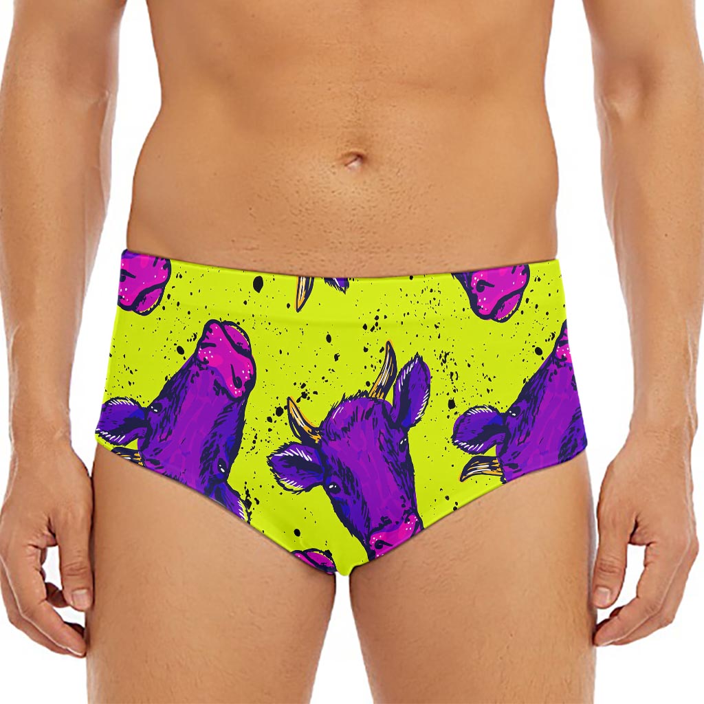Lime Green And Purple Cow Pattern Print Men's Triangle Swim Briefs