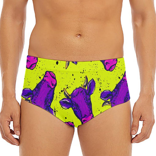 Lime Green And Purple Cow Pattern Print Men's Triangle Swim Briefs
