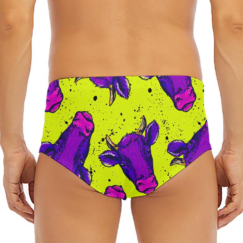 Lime Green And Purple Cow Pattern Print Men's Triangle Swim Briefs