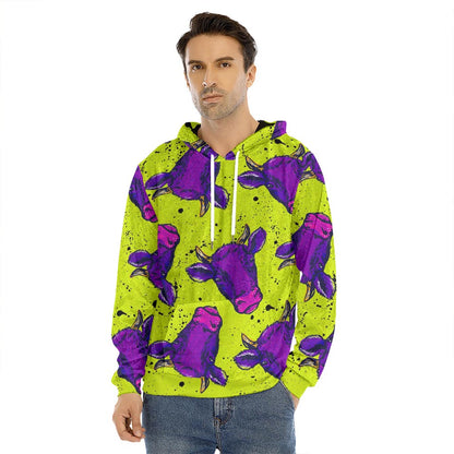 Lime Green And Purple Cow Pattern Print Men's Velvet Pullover Hoodie