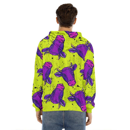 Lime Green And Purple Cow Pattern Print Men's Velvet Pullover Hoodie