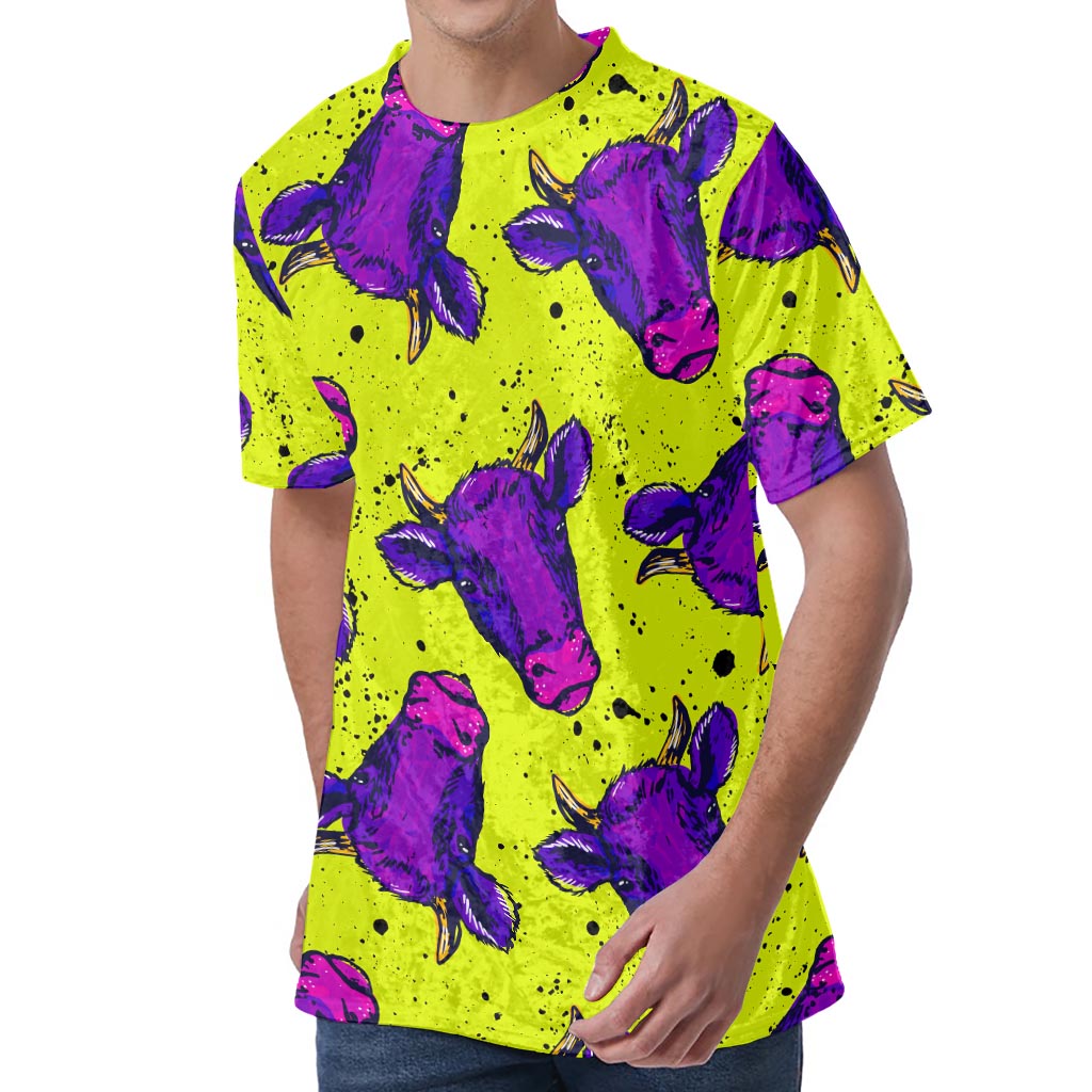 Lime Green And Purple Cow Pattern Print Men's Velvet T-Shirt