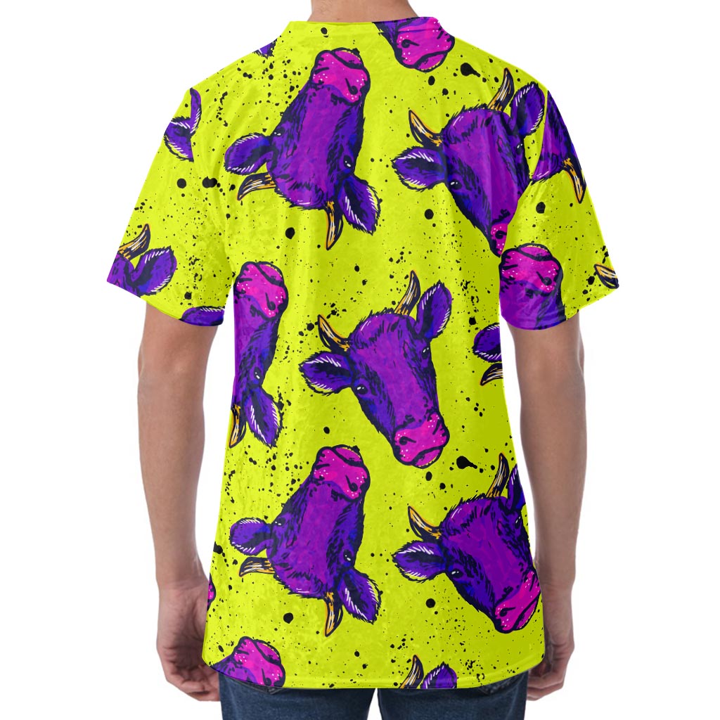 Lime Green And Purple Cow Pattern Print Men's Velvet T-Shirt