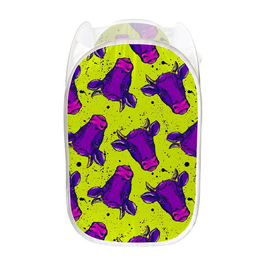 Lime Green And Purple Cow Pattern Print Mesh Laundry Hamper