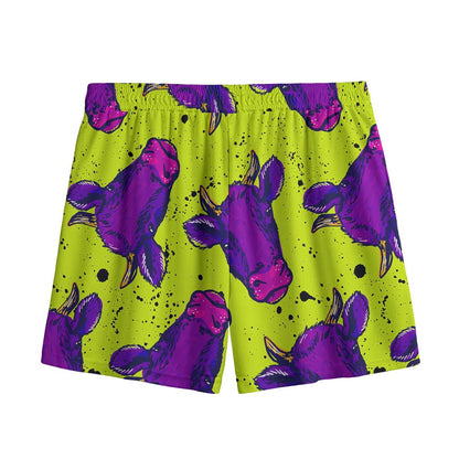 Lime Green And Purple Cow Pattern Print Mesh Shorts