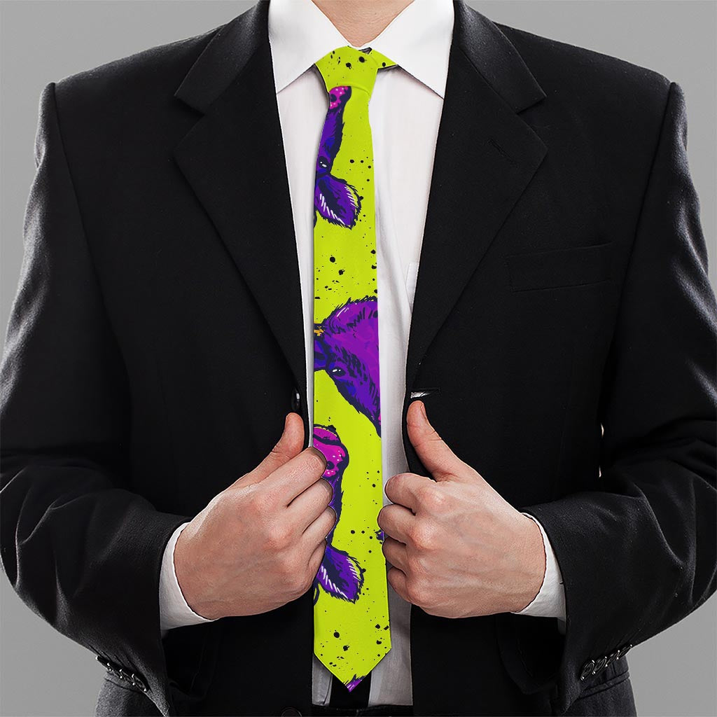 Lime Green And Purple Cow Pattern Print Necktie