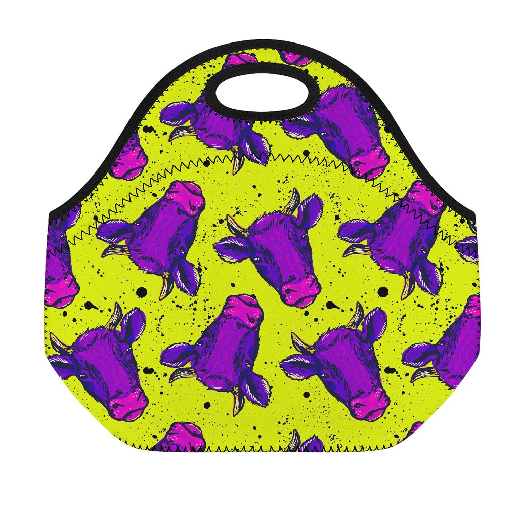 Lime Green And Purple Cow Pattern Print Neoprene Lunch Bag