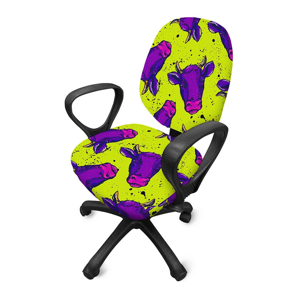 Lime Green And Purple Cow Pattern Print Office Chair Cover